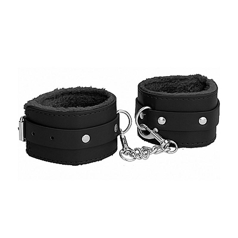 Ouch! Kožené putá na ruky s kožušinou - čierna