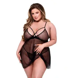Erotické košieľky - Baci Lingerie Queen Size - Lace & Mesh košieľka - čierna