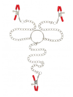 Svorky a prísavky na bradavky - BASIC X škripce na bradavky a klitoris červené - bsc00110