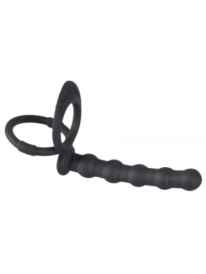 Erekčné krúžky nevibračné - Black Velvets krúžok na penis aj semenníky a análne korále - čierne - 5335560000