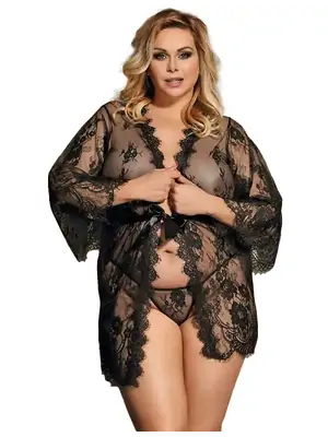 Erotické košieľky - Wanita Lilian župan a tangá nohavičky čierne - wanR80528-1P-5XL - 5XL