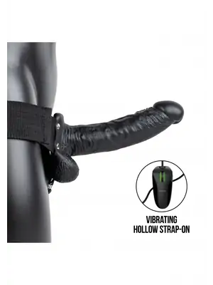 Nasadzovacie penisy, strap-on - Realrock Vibrating Hollow Strap-on dutý pripínací penis so semenníkmi 18 cm - čierny - REA133BLK