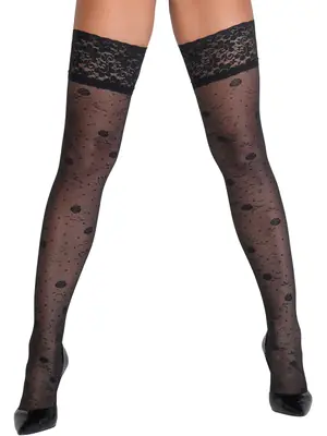 Erotické pančuchy - Cottelli Legwear Samodržiace pančuchy so vzorom ružičiek - čierne - 25207101641 - 5 (XL)