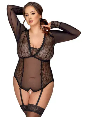 Erotické body a korzety - Cottelli Curves Body s dlhým rukávom a podväzkami - 26435101061 - XXL