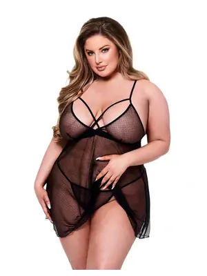 Erotické košieľky - Baci Lingerie Queen Size - Lace & Mesh košieľka - čierna - BAC3221Q