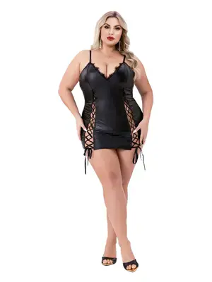 Erotické košieľky - BACI Queen size Wetlook mini šaty - čierne - BAC3244Q